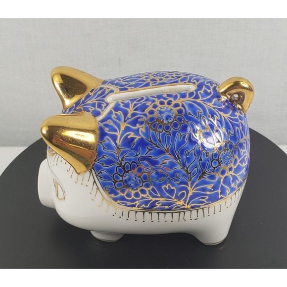 Vintage Ceramic Hand Painted Blue Gold Piggy Bank Marked JM Made In Thailand EUC - Picture 3 of 16